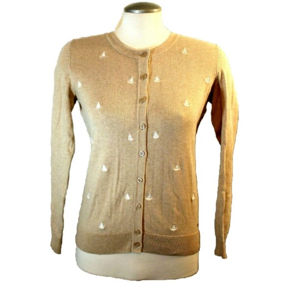 Tommy Hilfiger Sailboats Embroidered Cardigan Womens Small Beige Coastal Minimal - Picture 1 of 8
